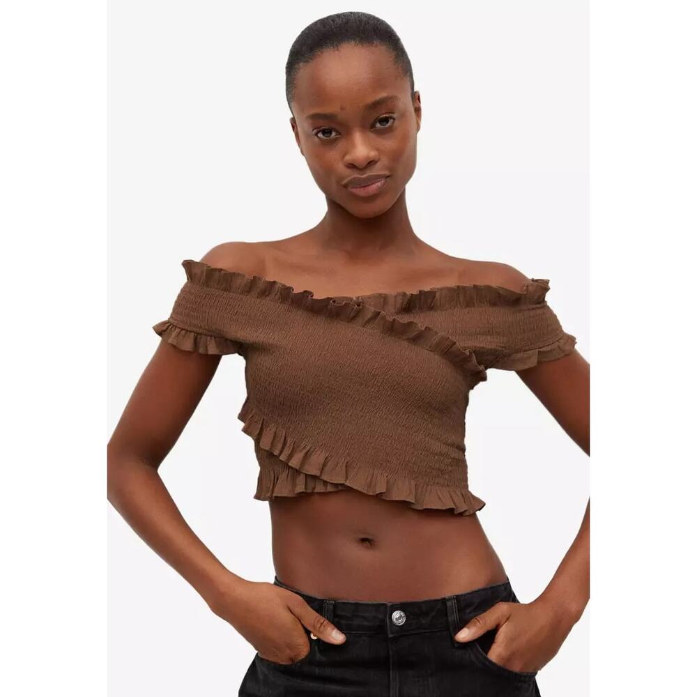 NEW Mango Cotton Wrapped Top Brown M off shoulder short sleeve